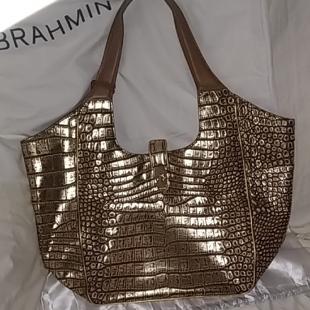 Brahmin Metallic Gold Croc-Embossed Tote